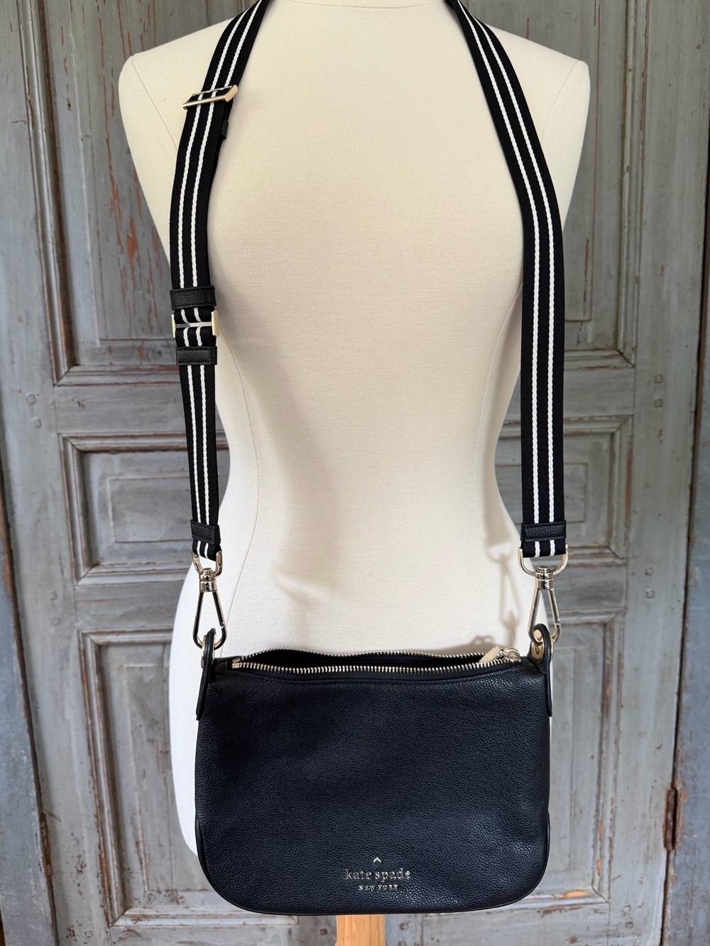 New Kate Spade Black Leather Crossbody with Striped Adjustable Strap